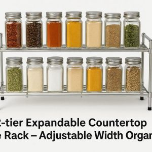 1 2-Tier Expandable Countertop Spice Rack - Adjustable Width Organizer