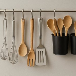 Wall-Mounted Rail System with Hooks and Utensil Holders